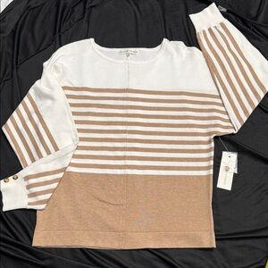 Women's Striped Crew Neck Sweater - White and Tan